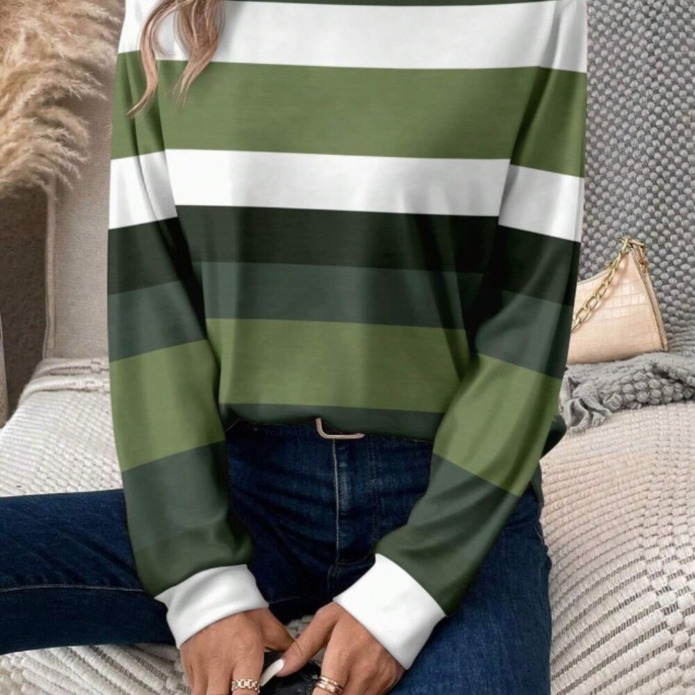 NEW!! Sizes M or XL Casual Striped Pattern Round Neck Long Sleeve Shirt - Picture 3 of 3